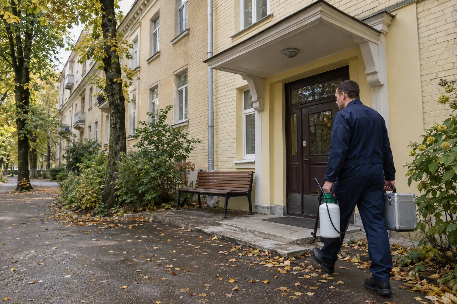Мастер с кейсом и опрыскивателем подходит к подъезду ведомственного дома пятидесятых годов