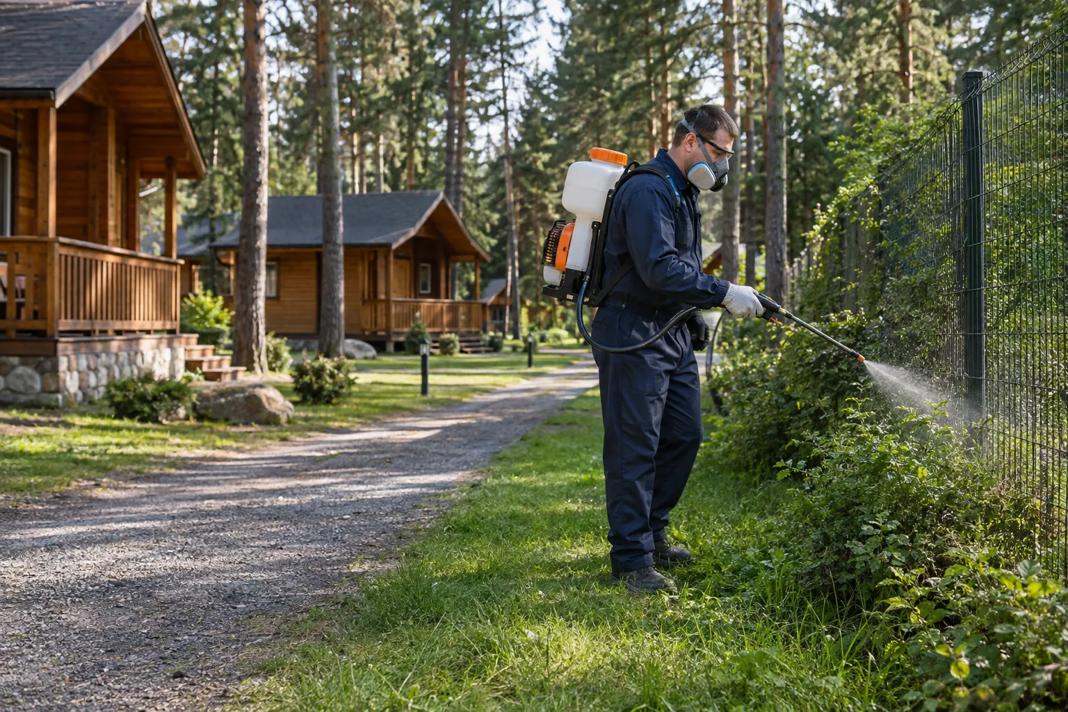 Мастер мотоопрыскивателем обрабатывает траву и кусты вдоль забора базы отдыха, за ним деревянные домики